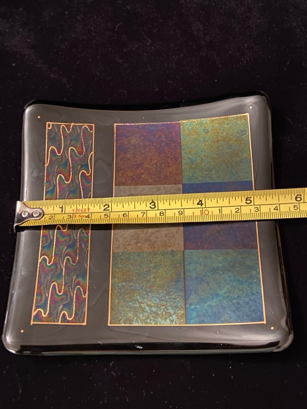 Jim & Sharron Barrett Studios Fused Art Glass Metallic Black Footed Tray Trivet - Picture 7 of 7